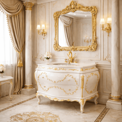 Фото Тумба с раковиной Migliore Valensa 31309 белый глянцевый с золотым декором 132 см