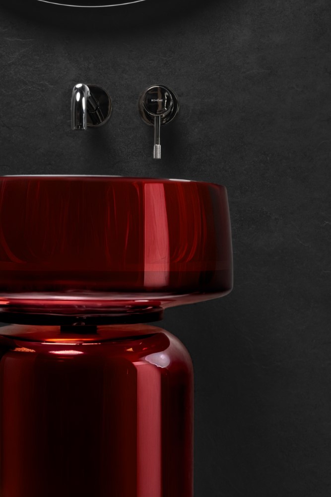 Фото Раковина с пьедесталом Boheme Glow 810-G-BUR + 810-BASE-G-BUR напольная круглая 40 см, Burgundy (прозрачный бордовый)