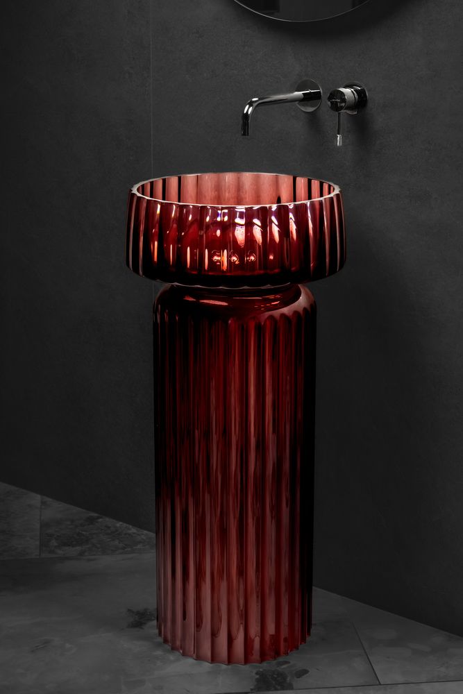 Фото Пьедестал для раковины Boheme Glow 810-BASE-RIB-G-BUR напольный круглый рифленый 68 см, Burgundy (прозрачный бордовый)