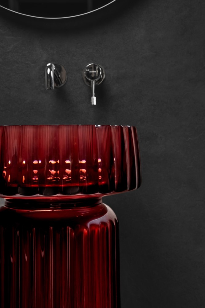 Фото Пьедестал для раковины Boheme Glow 810-BASE-RIB-G-BUR напольный круглый рифленый 68 см, Burgundy (прозрачный бордовый)