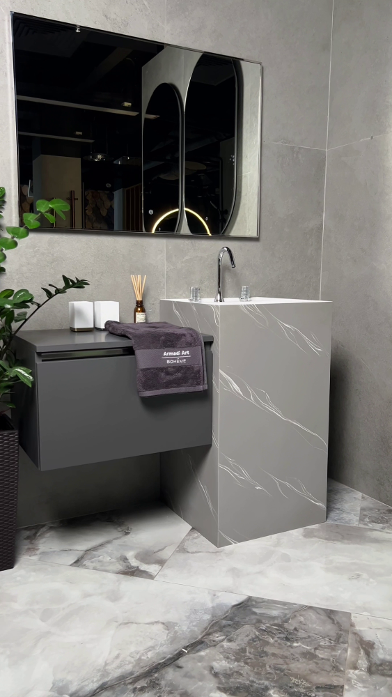 Фото Раковина Boheme Cube 802-GR напольная квадратная 48×48×85 см, Grey base+white veins (белый / серый с белыми прожилками)