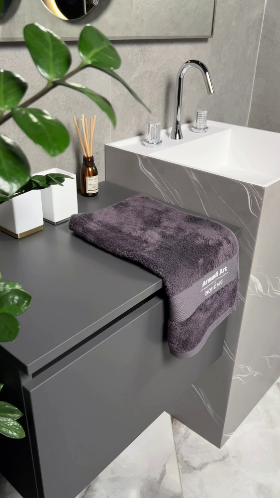 Фото Раковина Boheme Cube 802-GR напольная квадратная 48×48×85 см, Grey base+white veins (белый / серый с белыми прожилками)