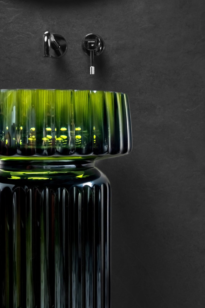 Фото Раковина Boheme Glow 810-RIB-G-OL накладная круглая рифленая 40 см, Olive (прозрачный изумрудный)