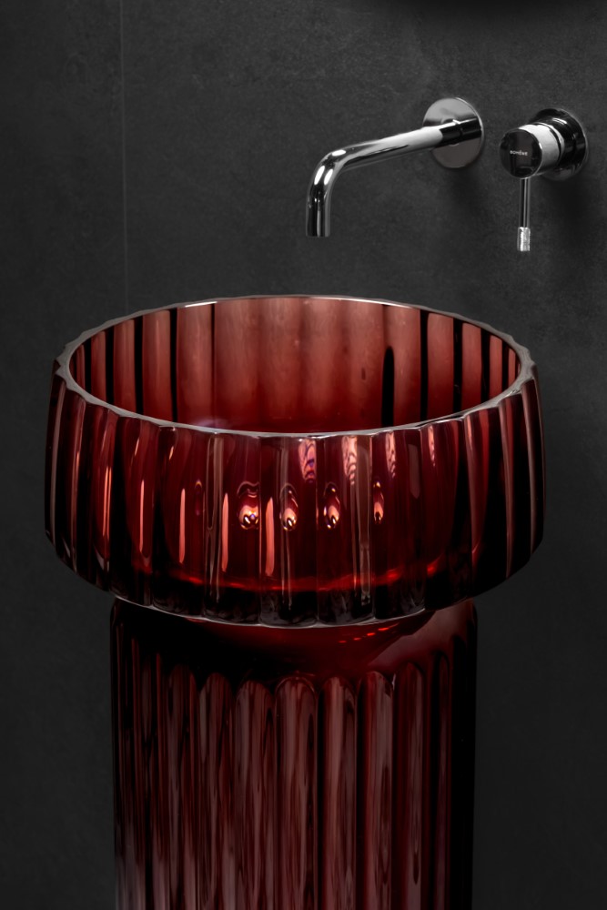 Фото Пьедестал для раковины Boheme Glow 810-BASE-RIB-G-BUR напольный круглый рифленый 68 см, Burgundy (прозрачный бордовый)
