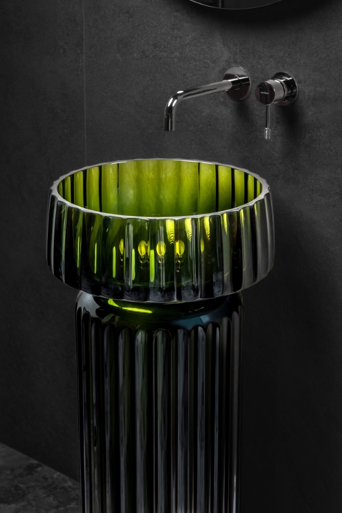 Фото Раковина Boheme Glow 810-RIB-G-OL накладная круглая рифленая 40 см, Olive (прозрачный изумрудный)