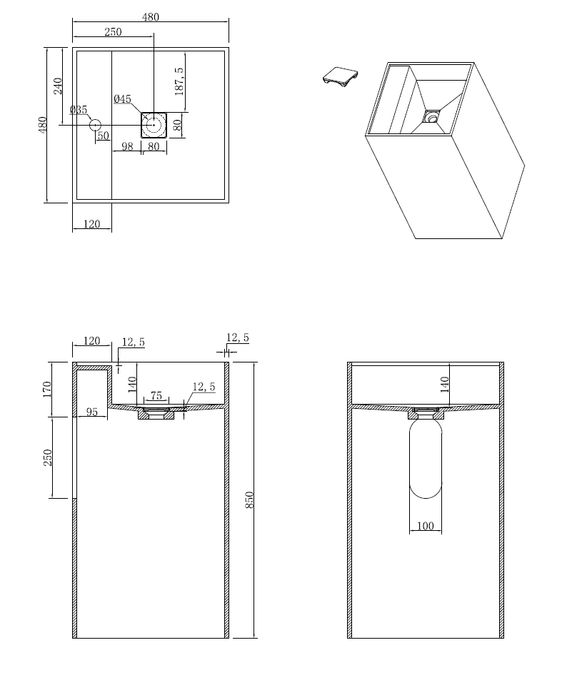 Фото Раковина Boheme Cube 802-CLCT напольная квадратная 48×48×85 см, Calacatta (белый с мраморным рисунком)