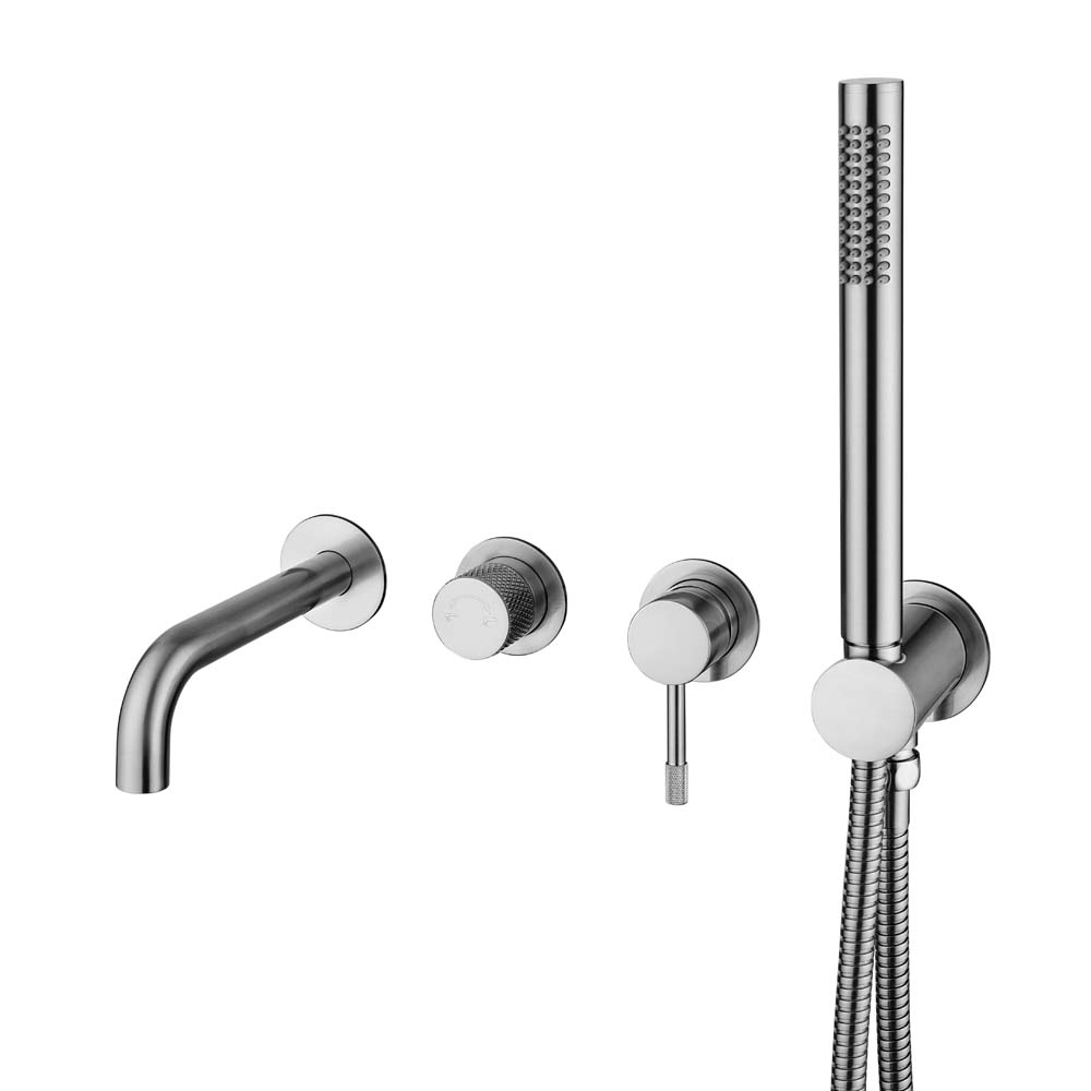 Фото Смеситель для ванны Boheme Uno 464-3-INOX встраиваемый с ручным душем и изливом, брашированная нержавеющая сталь
