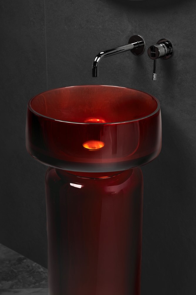 Фото Раковина с пьедесталом Boheme Glow 810-G-BUR + 810-BASE-G-BUR напольная круглая 40 см, Burgundy (прозрачный бордовый)