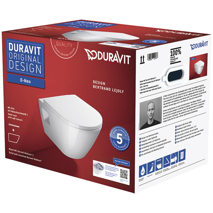 Фото Унитаз подвесной Duravit D-Neo 45780900A1, безободковый, с сиденьем, белый глянцевый