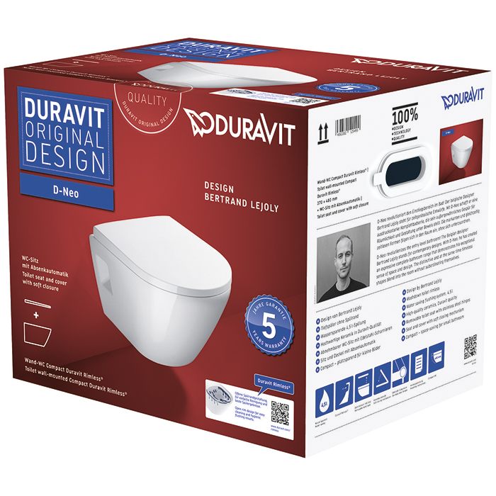 Фото Унитаз подвесной укороченный Duravit D-Neo 45870900A1, безободковый, с сиденьем, белый глянцевый