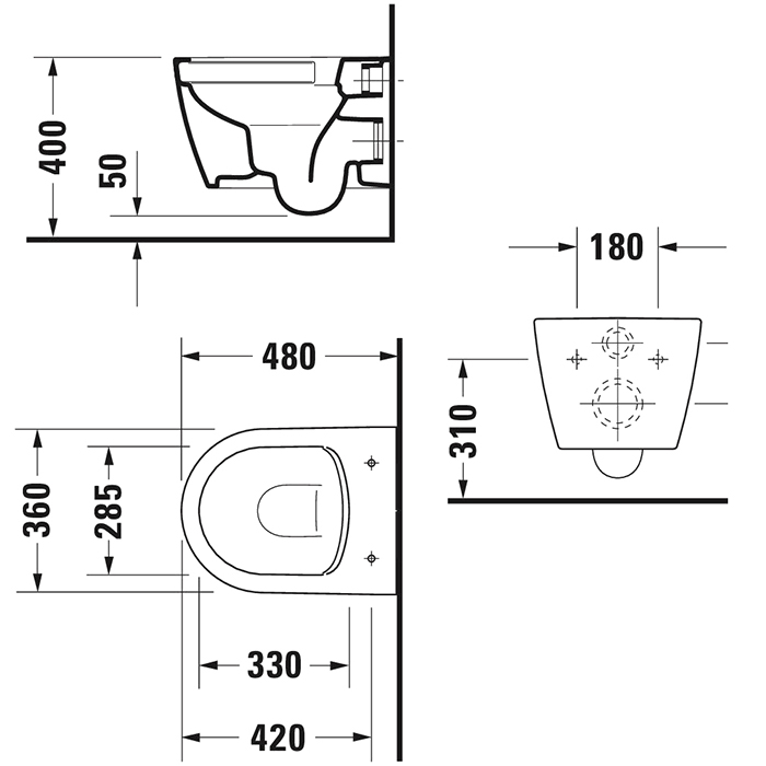 Фото Унитаз подвесной укороченный Duravit Me by Starck 2530090000, безободковый, без сиденья, белый глянцевый