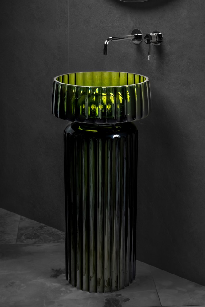 Фото Раковина Boheme Glow 810-RIB-G-OL накладная круглая рифленая 40 см, Olive (прозрачный изумрудный)
