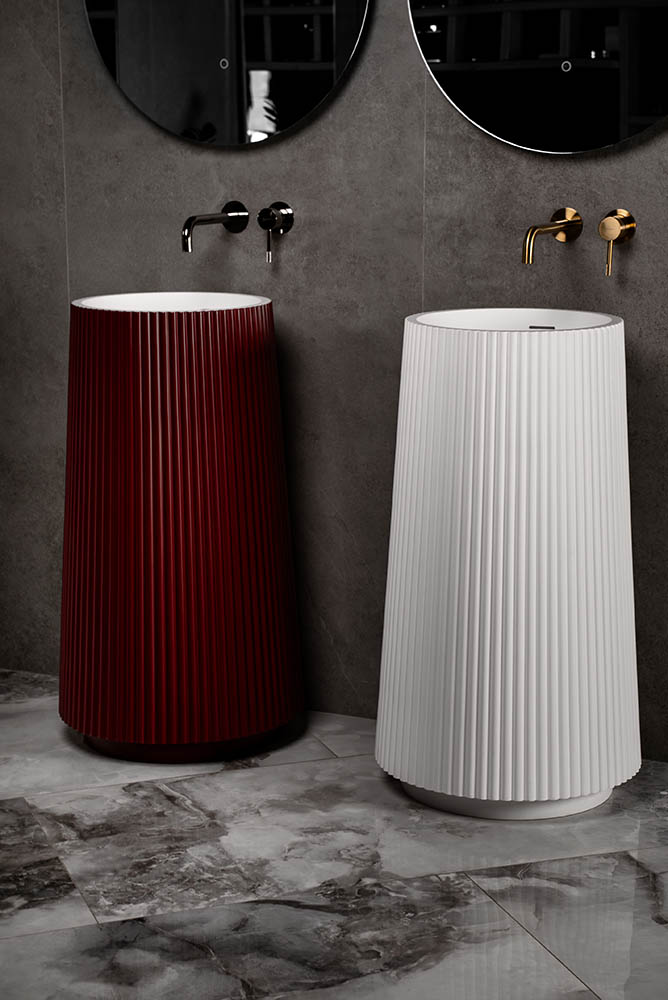 Фото Раковина Boheme Torre 801-Torre-BUR напольная круглая рифленая 48×48×85 см, Burgundy (белый / бордовый)