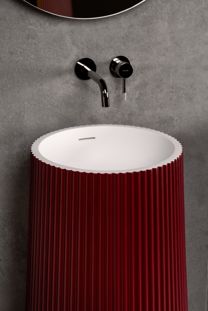 Фото Раковина Boheme Torre 801-Torre-BUR напольная круглая рифленая 48×48×85 см, Burgundy (белый / бордовый)