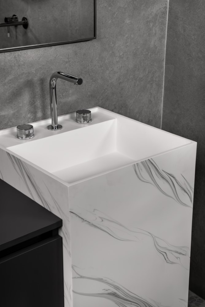 Фото Раковина Boheme Cube 802-CLCT напольная квадратная 48×48×85 см, Calacatta (белый с мраморным рисунком)
