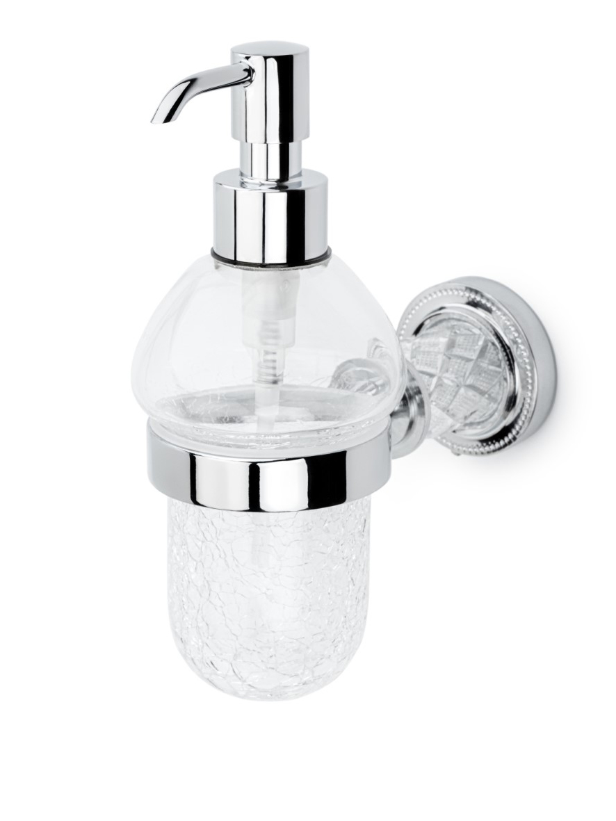 Фото Дозатор жидкого мыла Boheme Murano Cristal 10912-CRST-CH с муранским стеклом, хрусталем и декором кракелюр настенный, глянцевый хром