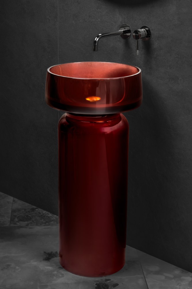 Фото Раковина с пьедесталом Boheme Glow 810-G-BUR + 810-BASE-G-BUR напольная круглая 40 см, Burgundy (прозрачный бордовый)