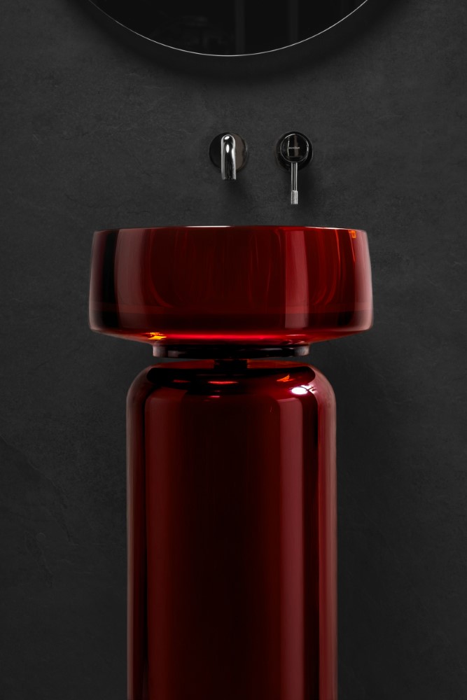 Фото Раковина с пьедесталом Boheme Glow 810-G-BUR + 810-BASE-G-BUR напольная круглая 40 см, Burgundy (прозрачный бордовый)
