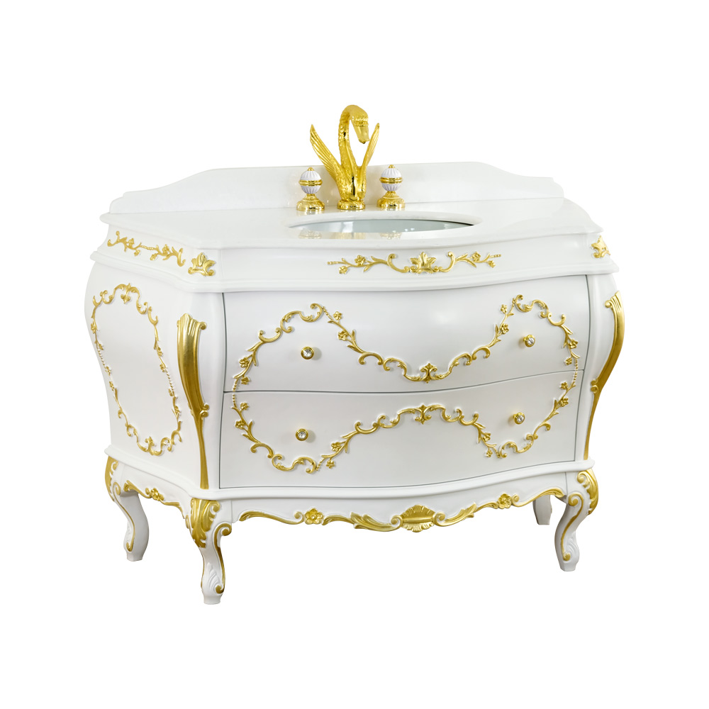 Фото Тумба с раковиной Migliore Valensa 31309 белый глянцевый с золотым декором 132 см