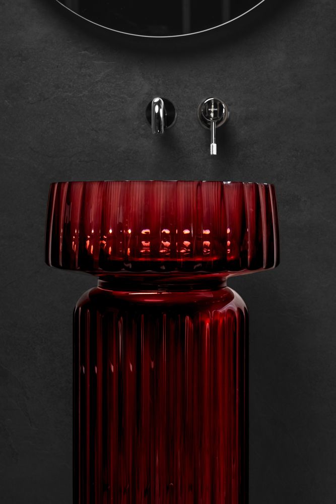 Фото Пьедестал для раковины Boheme Glow 810-BASE-RIB-G-BUR напольный круглый рифленый 68 см, Burgundy (прозрачный бордовый)