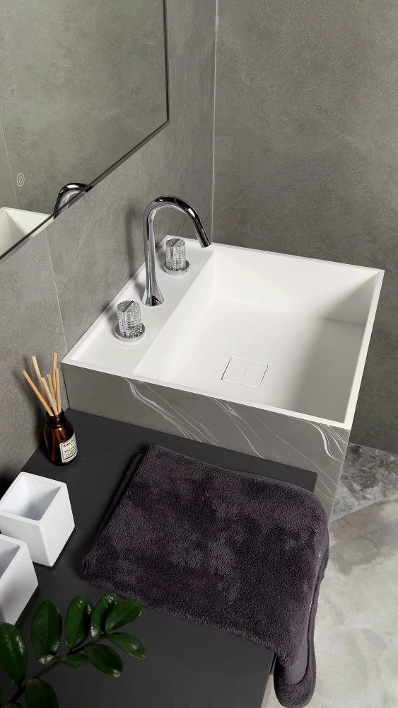 Фото Раковина Boheme Cube 802-GR напольная квадратная 48×48×85 см, Grey base+white veins (белый / серый с белыми прожилками)