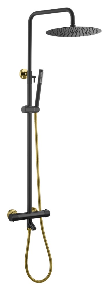 Фото Душевая стойка Boheme Uno 468-T-BG термостат с изливом, черный матовый/золото глянец