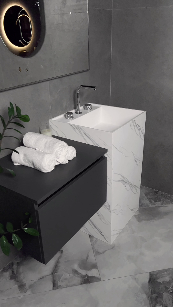 Фото Раковина Boheme Cube 802-CLCT напольная квадратная 48×48×85 см, Calacatta (белый с мраморным рисунком)