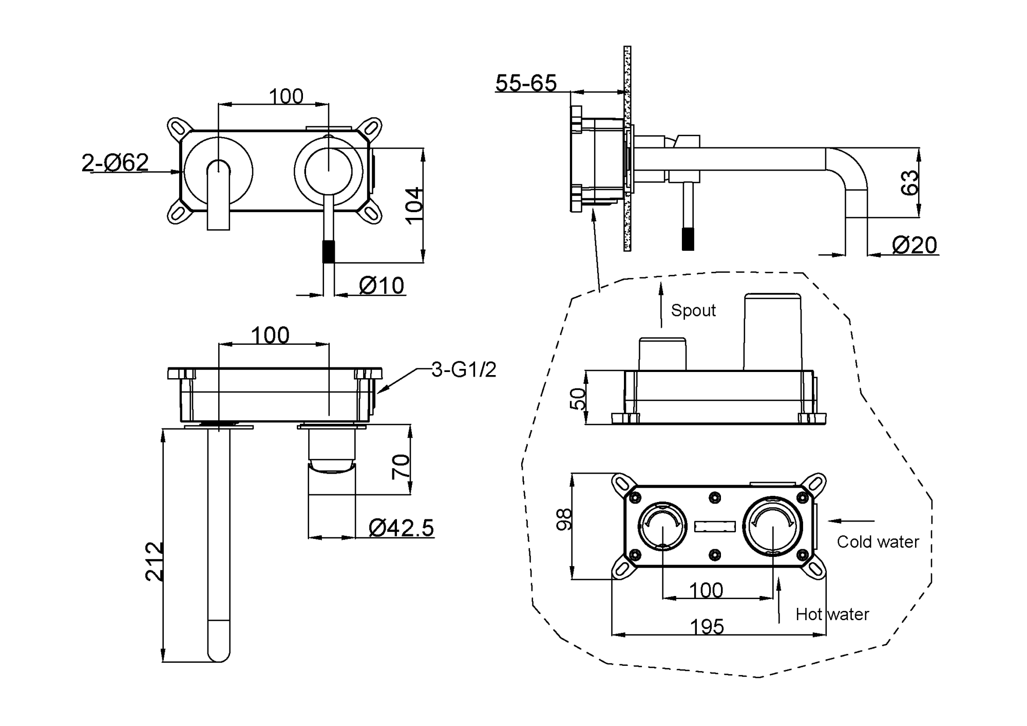 Фото Смеситель для раковины Boheme Uno 465-CB настенный медь браш L 20 см