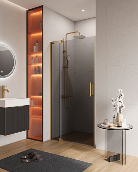 Фото Душевая дверь в нишу Cezares SLIDER-B-1-90/100-GRIGIO-BORO, профиль брашированное золото