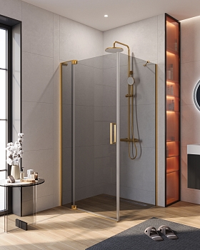 Фото Душевой уголок Cezares SLIDER-AH-1-100-80/90-GRIGIO-BORO, профиль брашированное золото