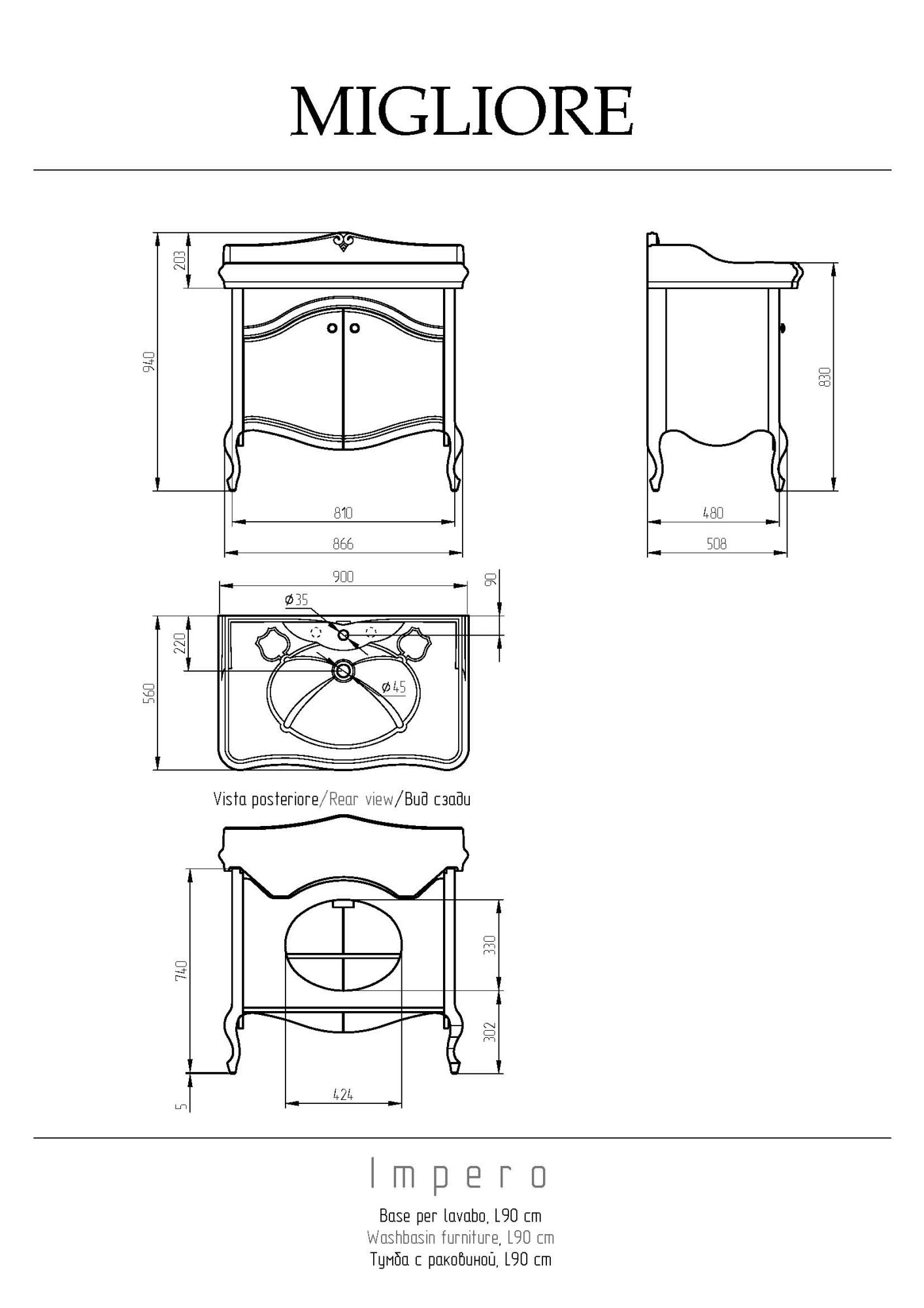Фото Тумба с раковиной Migliore Impero 30427 avorio 90 см