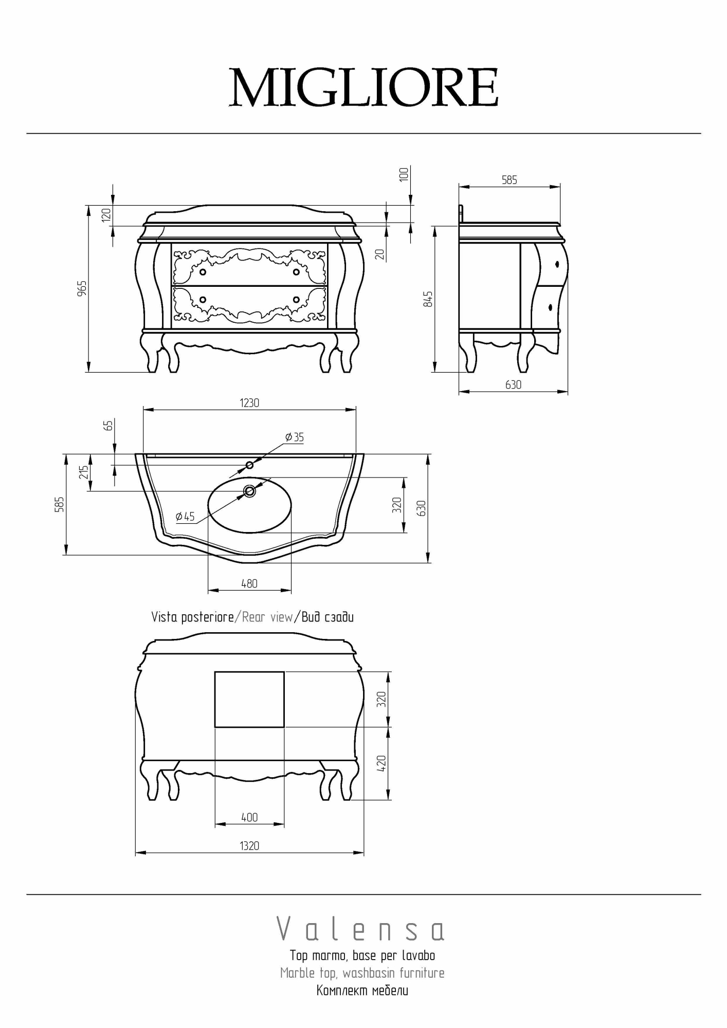 Фото Тумба с раковиной Migliore Valensa 31308 орех глянцевый/золото 132 см
