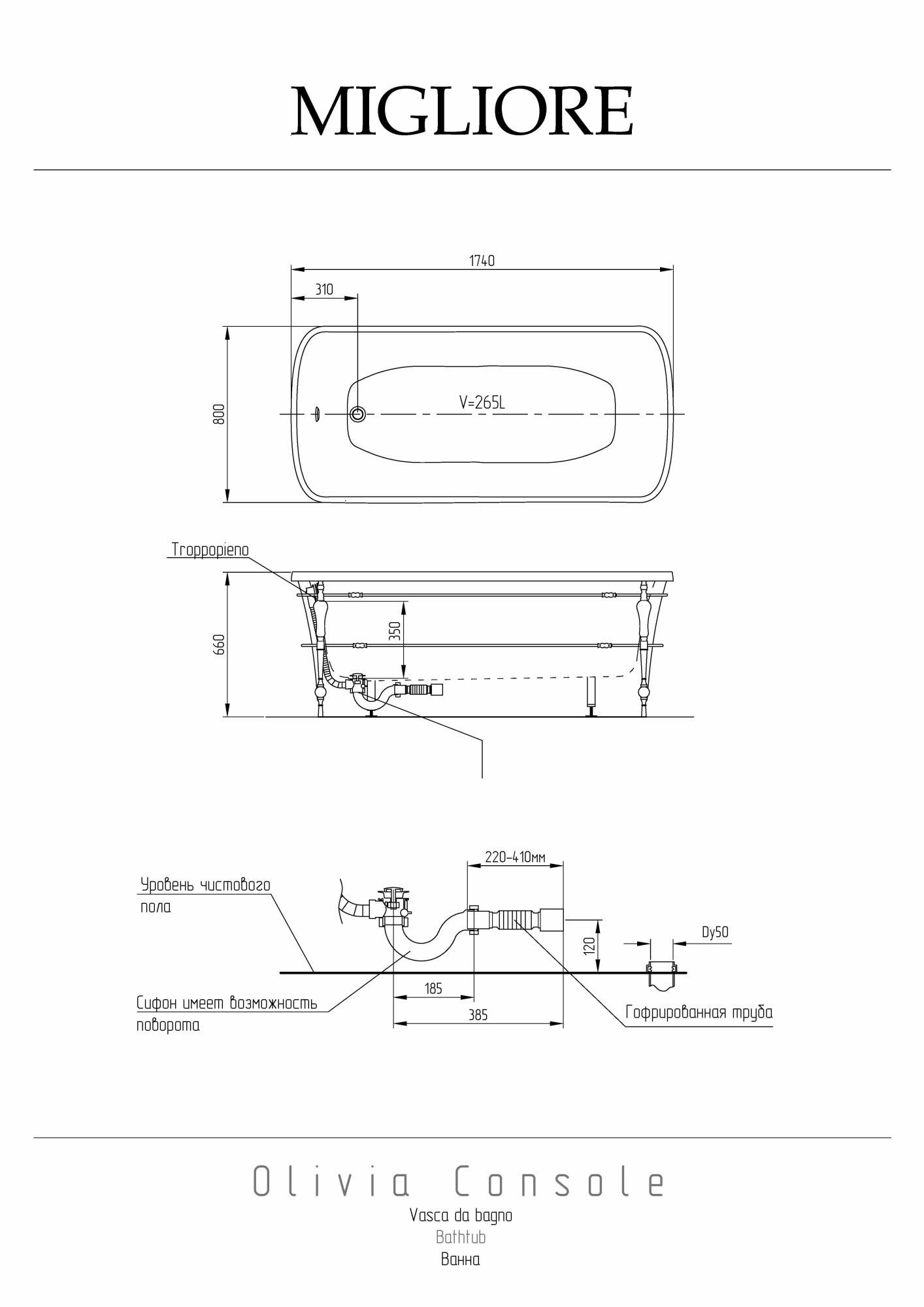 Фото Ванна Migliore Olivia Console 24378 слив/перелив бронза