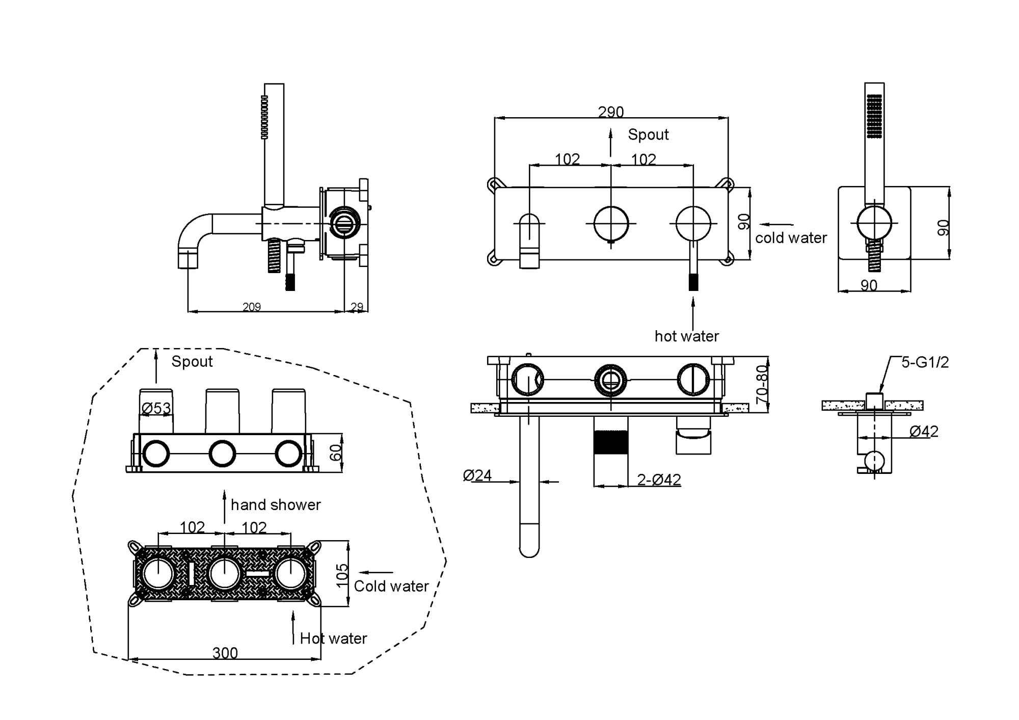 Фото Смеситель для ванны Boheme Uno 464-3-MG настенный золото матовое